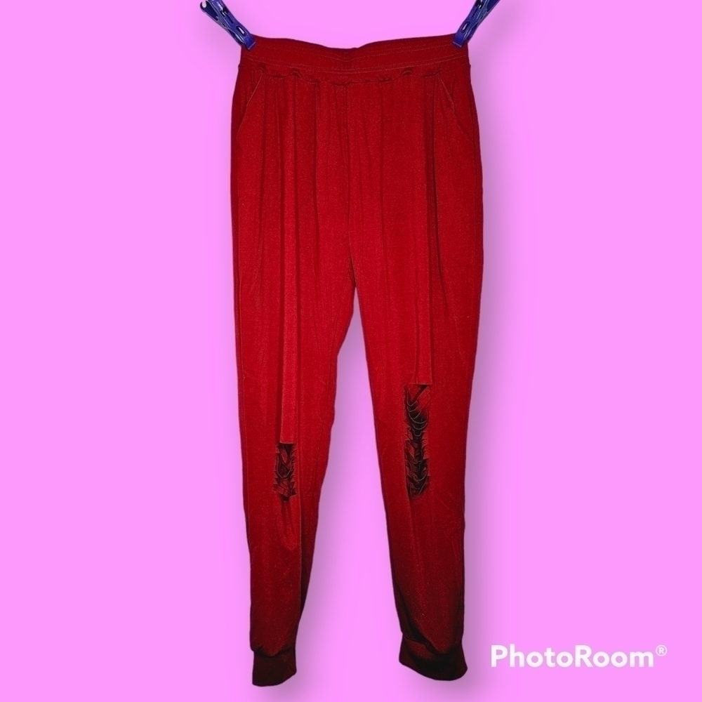 Maroon Women's Ripped Casual Baggy Joggers Pants Size XL